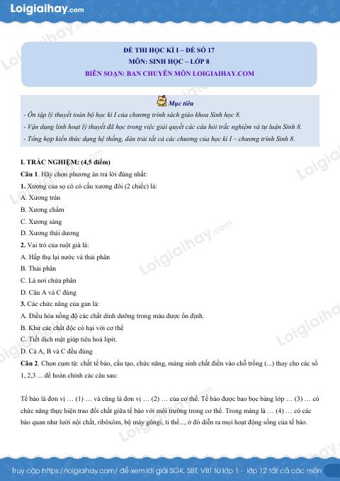 Đề số 17 - Đề kiểm tra học kì 1 - Sinh học 8